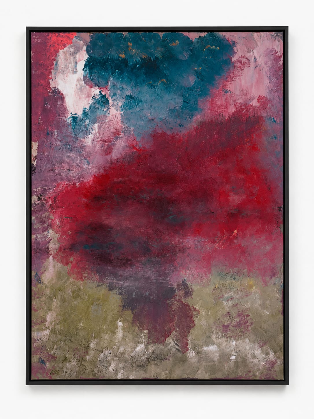 Abstract painting where a broad crimson and rose form spreads across a teal blue upper field and dissolves into pale sage at the base.