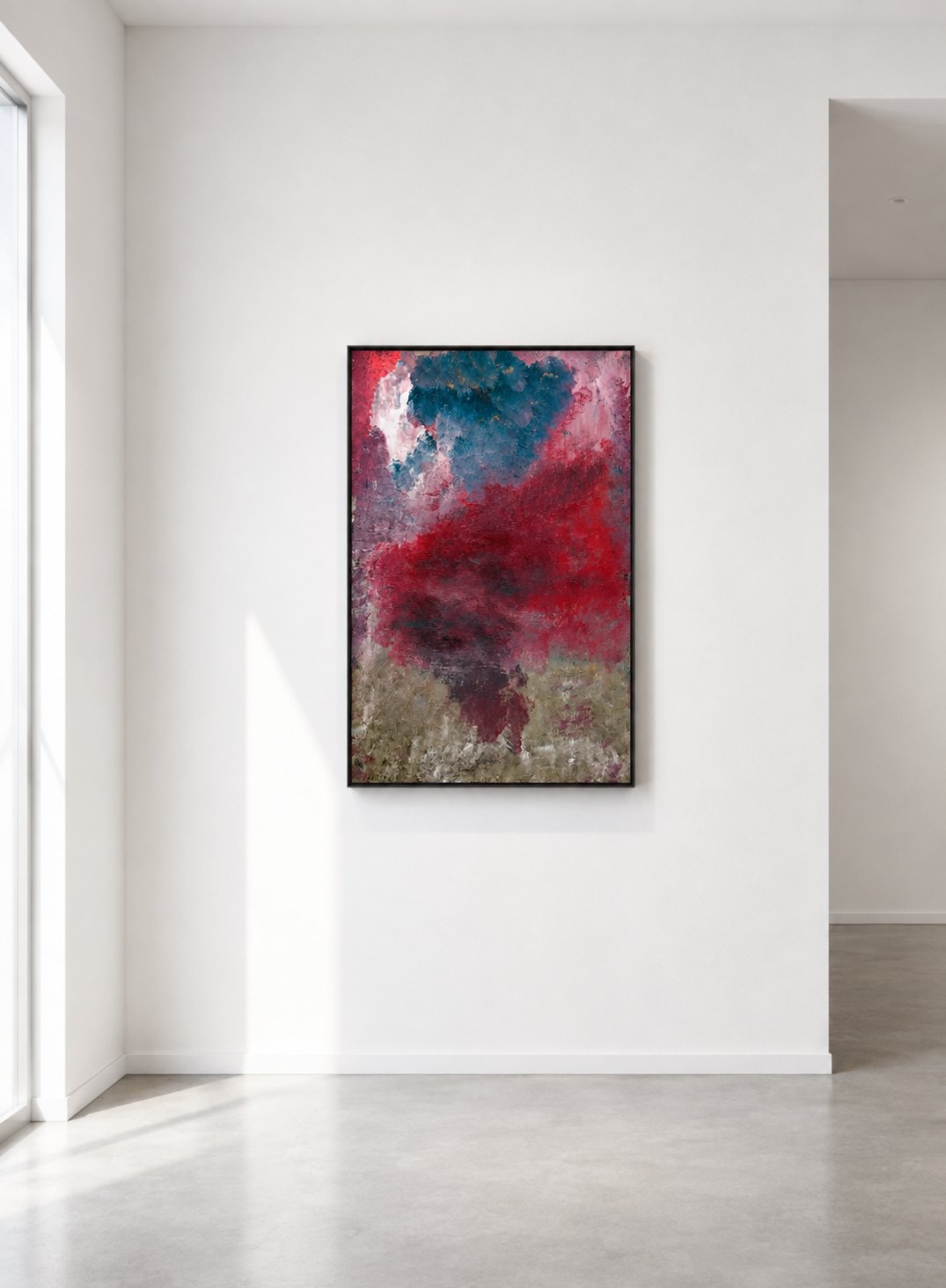 Afterglow centred on a plain white gallery wall, evenly lit, nothing else in the room.