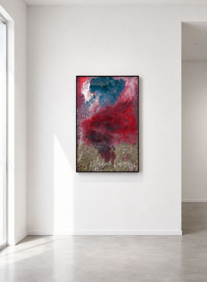 Afterglow centred on a plain white gallery wall, evenly lit, nothing else in the room.
