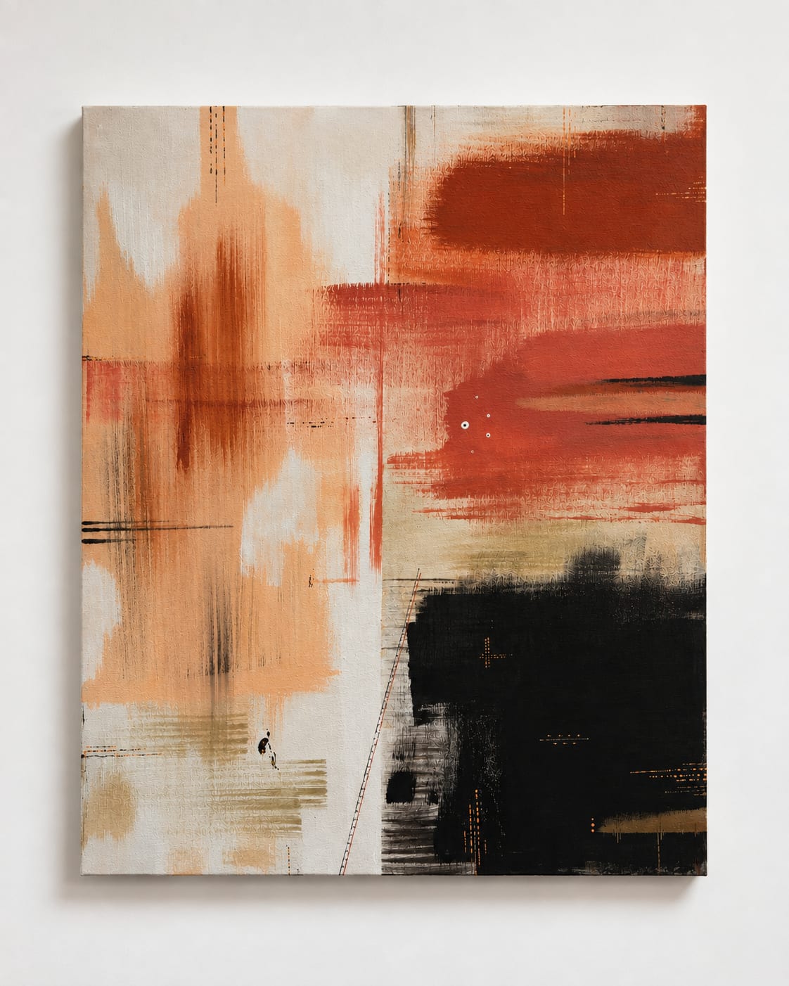 Large abstract painting with vertical apricot and cream strokes on the left, a broad scarlet sweep across the top, and a dense black block anchoring the lower right.