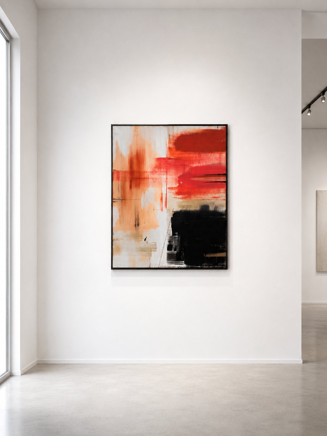 Elsewhere in a black float frame on a gallery wall, an upholstered bench below and a further room visible beyond.