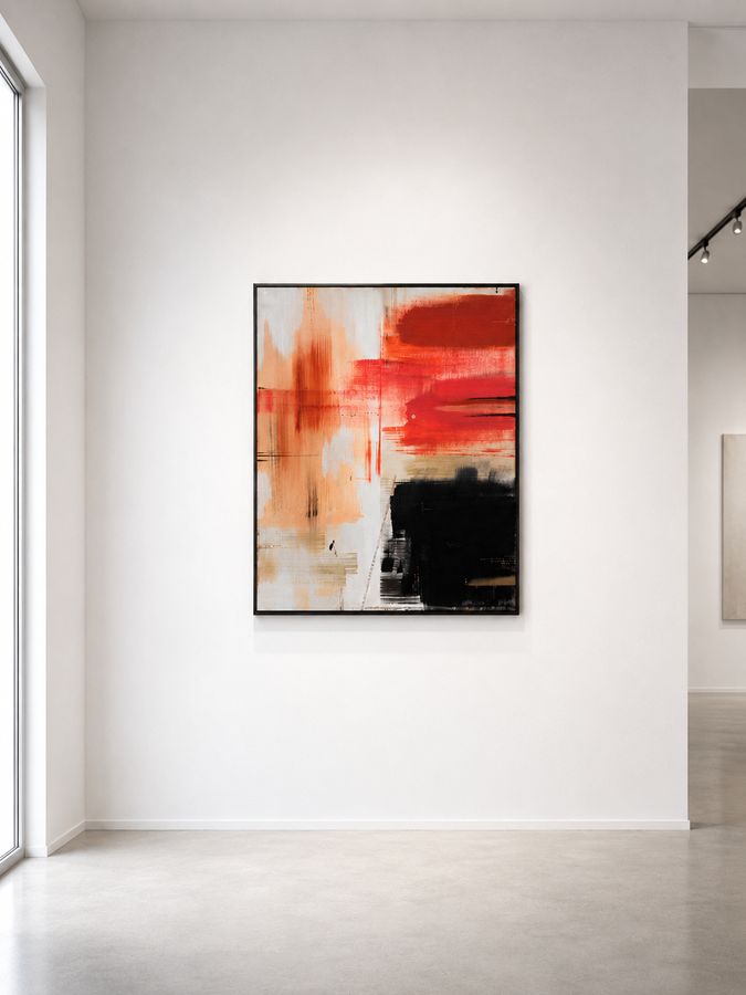 Elsewhere in a black float frame on a gallery wall, an upholstered bench below and a further room visible beyond.