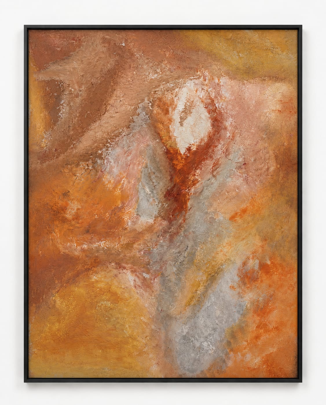 Abstract painting of layered orange, amber and rust with a pale grey form rising through the centre.