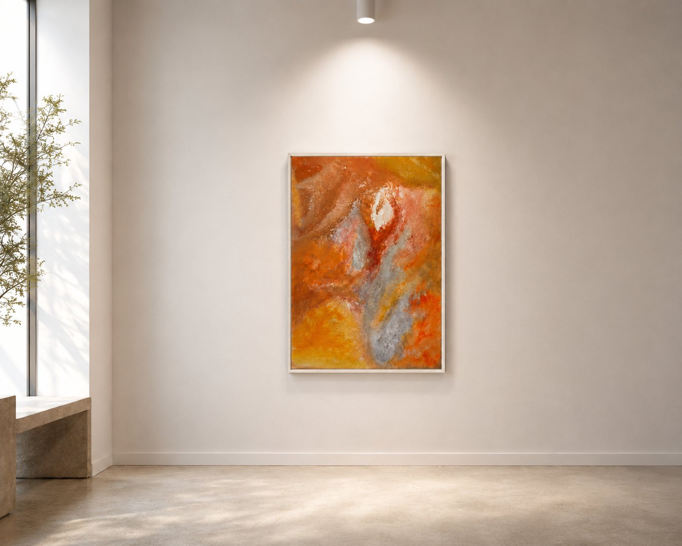 Ember on a warm plaster wall beside a floor-to-ceiling window, afternoon light raking across the canvas.