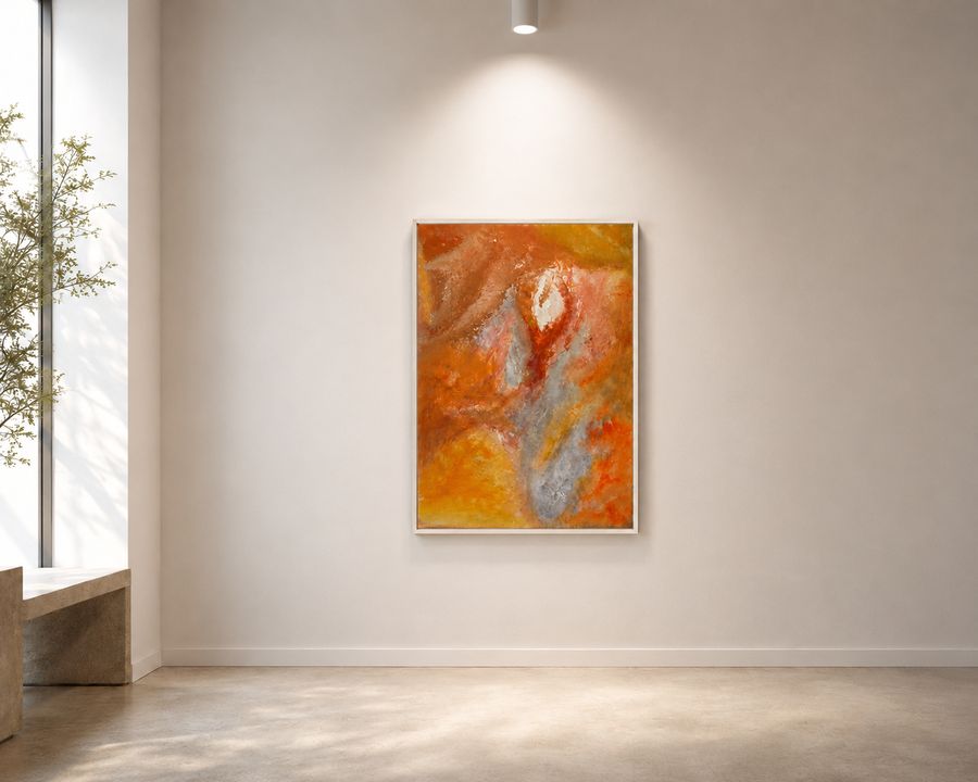 Ember on a warm plaster wall beside a floor-to-ceiling window, afternoon light raking across the canvas.