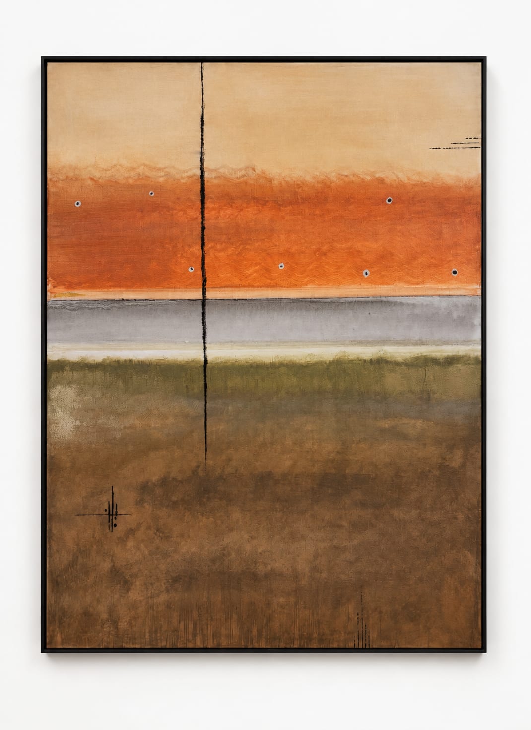 Horizontal bands of cream, vivid orange, pale grey, olive and warm brown, split top to bottom by a single thin black line.