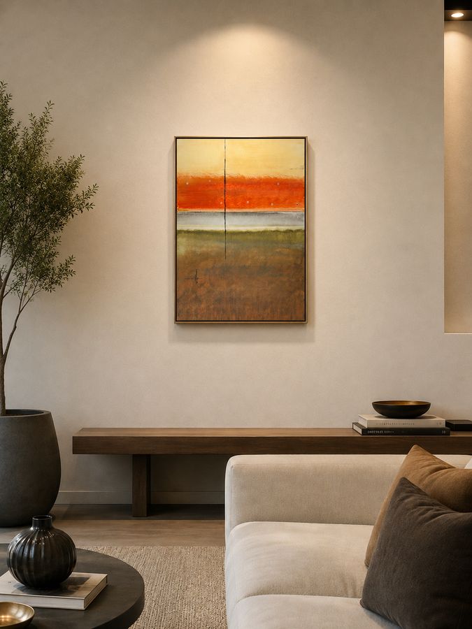 Fault Lines in a gold float frame above a dark wood bench, with a linen sofa and an olive tree in a living room.