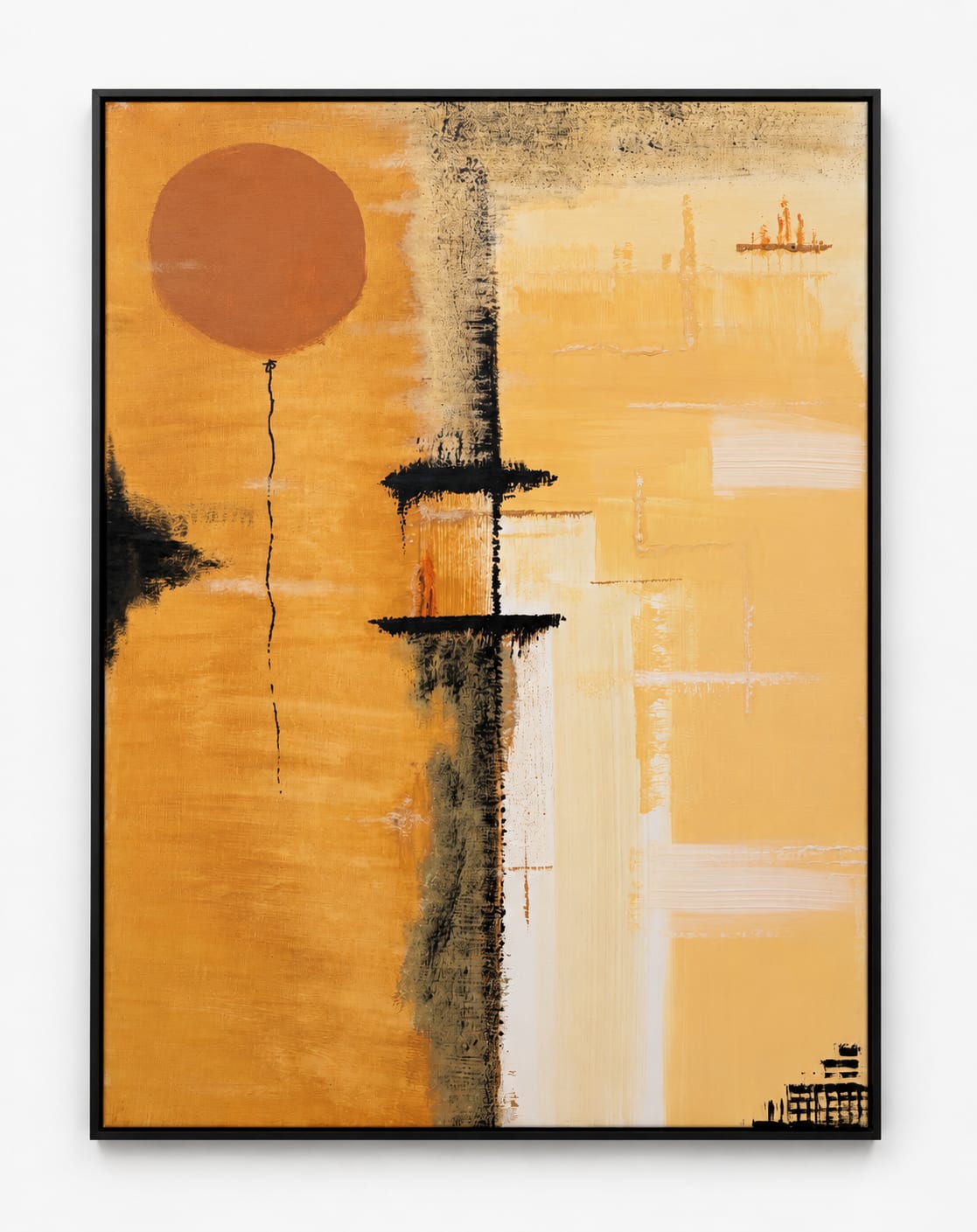 Abstract painting in ochre and warm sand, with a deep orange disc at the upper left and a vertical black passage dividing the canvas.