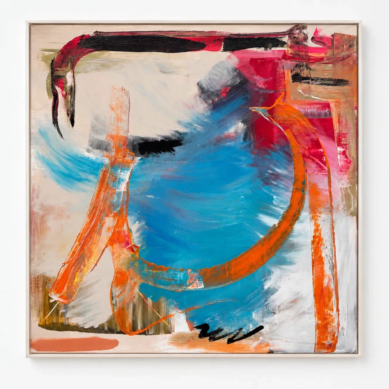 Square abstract painting with a broad field of cerulean blue in the centre, wrapped by a sweeping orange arc and orange verticals, with a black and crimson bar across the top and a magenta block at the upper right.