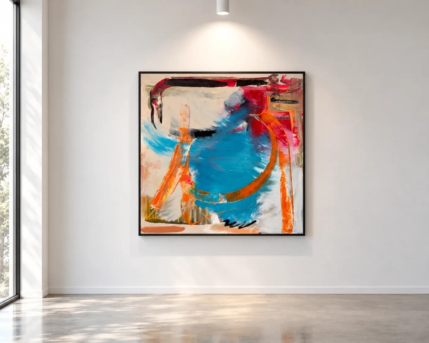 Interface in a black float frame on a white gallery wall, lit from above, daylight from a tall window falling across a concrete floor.