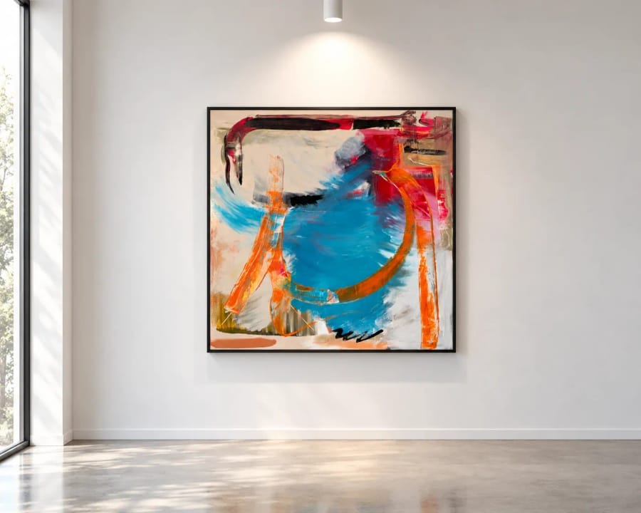 Interface in a black float frame on a white gallery wall, lit from above, daylight from a tall window falling across a concrete floor.
