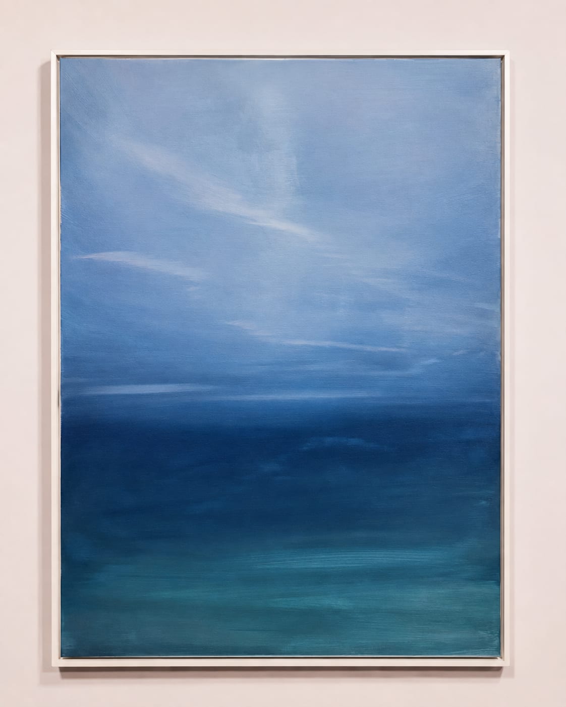 Abstract painting in blue. A pale sky streaked with thin cloud at the top darkens through deep navy in the middle and opens into luminous turquoise along the base.
