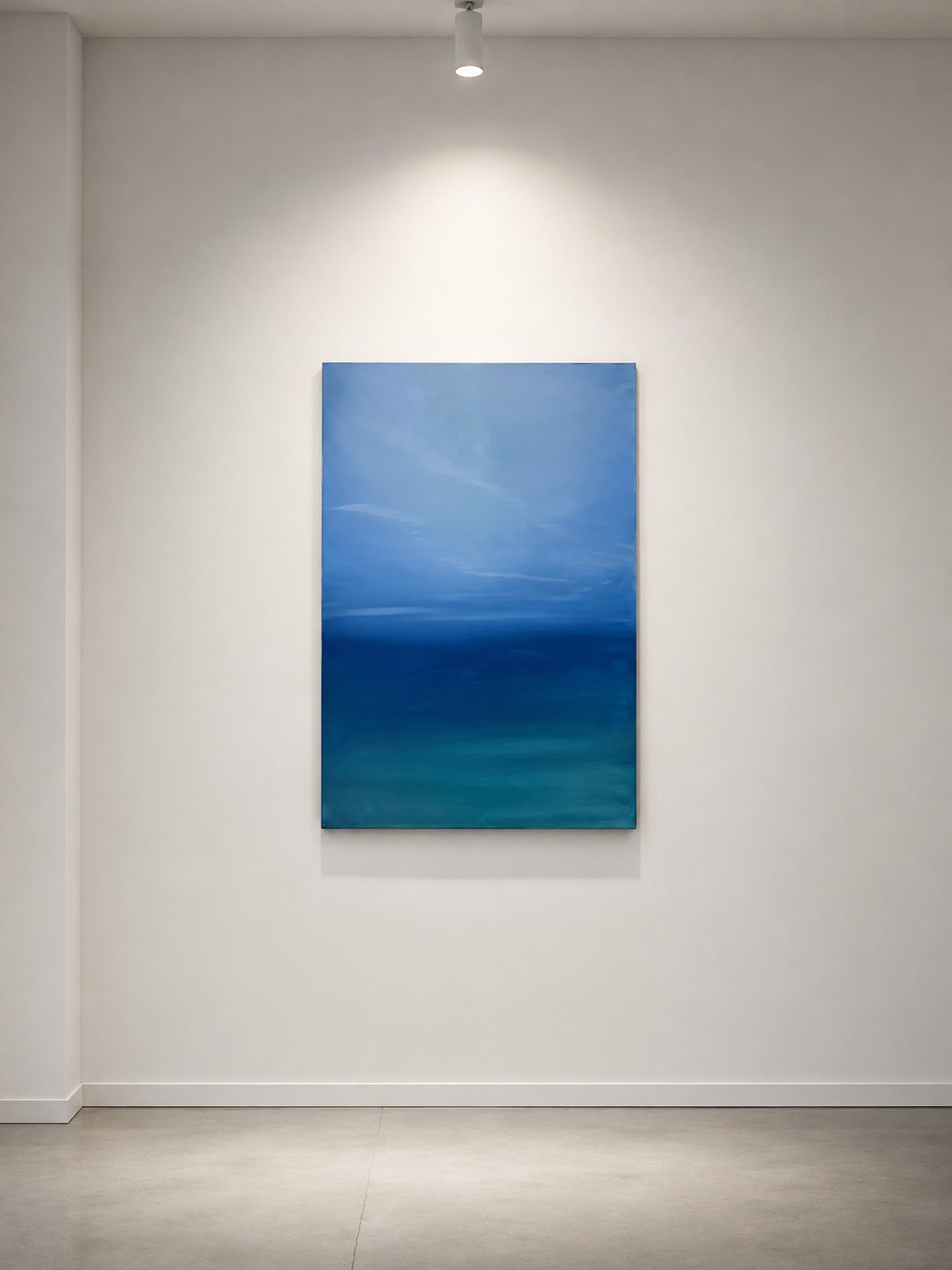 Latitude on a white gallery wall, lit from above, a pale sky darkening through navy into turquoise at the foot of the canvas.
