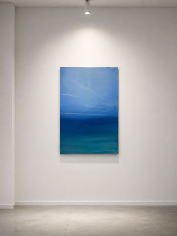 Latitude on a white gallery wall, lit from above, a pale sky darkening through navy into turquoise at the foot of the canvas.