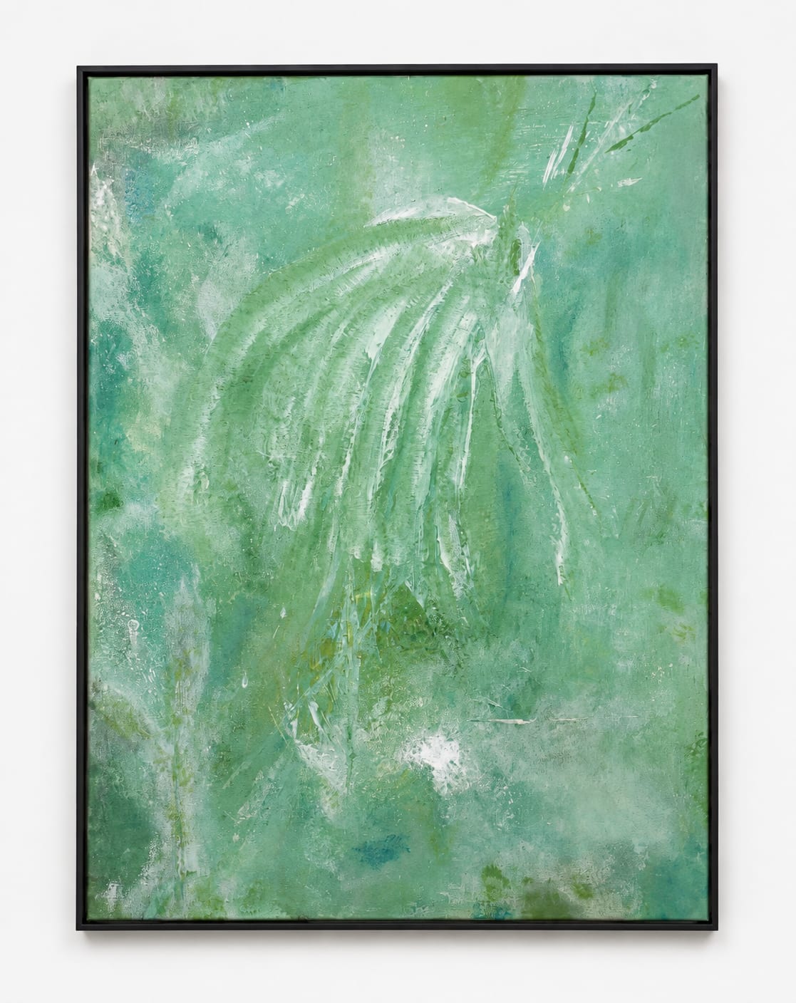 Abstract painting in celadon and sea green, with a pale fan of strokes opening from the upper right and falling like fronds across the centre.