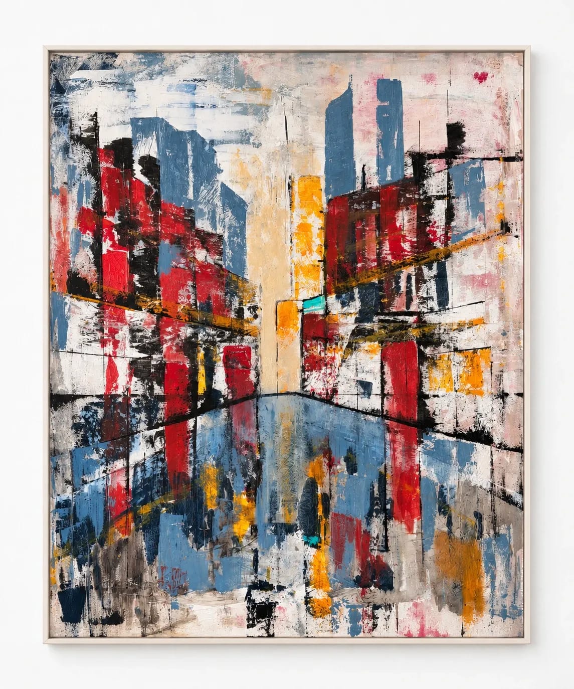 Large abstract cityscape seen down a central street, towers in steel blue, red and black on either side, an ochre glow at the vanishing point and their colours reflected in the wet street below.