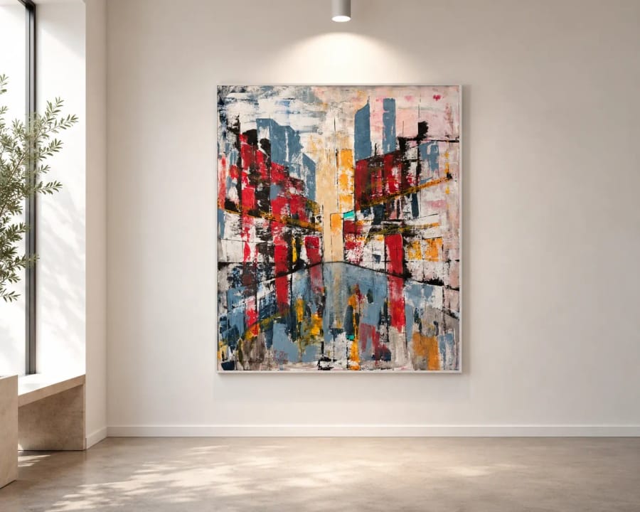 Remnant in a pale float frame on a warm white gallery wall, a stone bench and an olive tree by the window to the left.