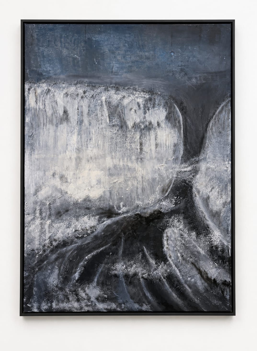 Monochrome abstract painting in slate grey, charcoal and white, with a heavy dark mass falling from the upper right into churning pale strokes below.