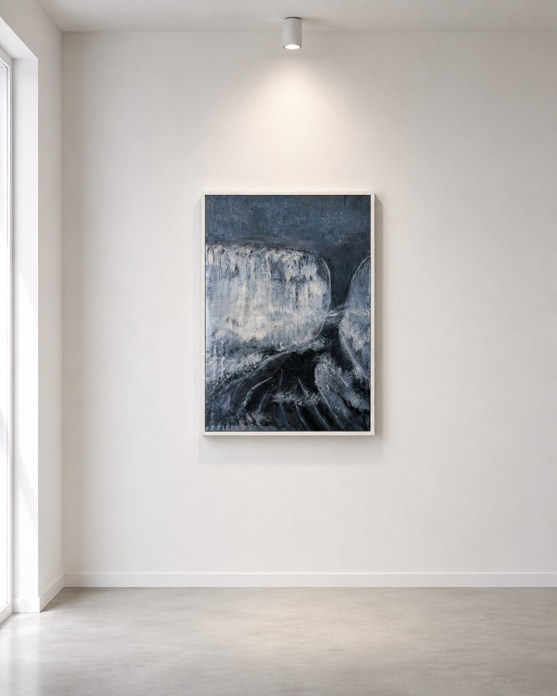 Threshold on a bare white wall in a corner of a gallery, soft daylight falling across polished concrete.