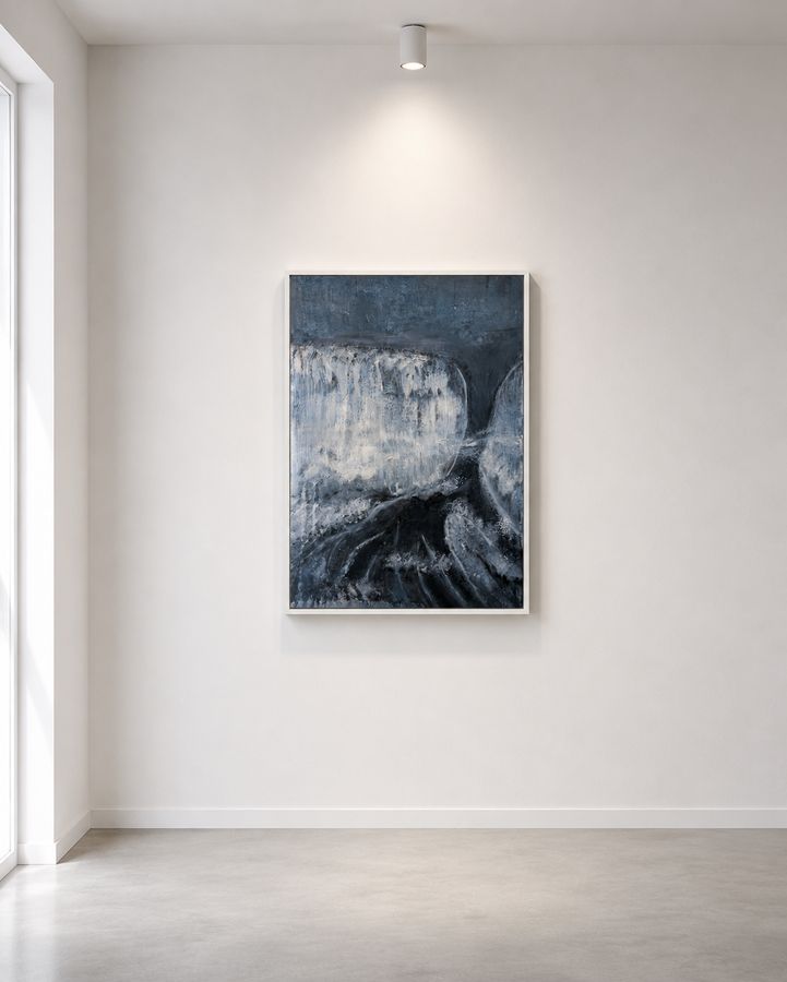 Threshold on a bare white wall in a corner of a gallery, soft daylight falling across polished concrete.