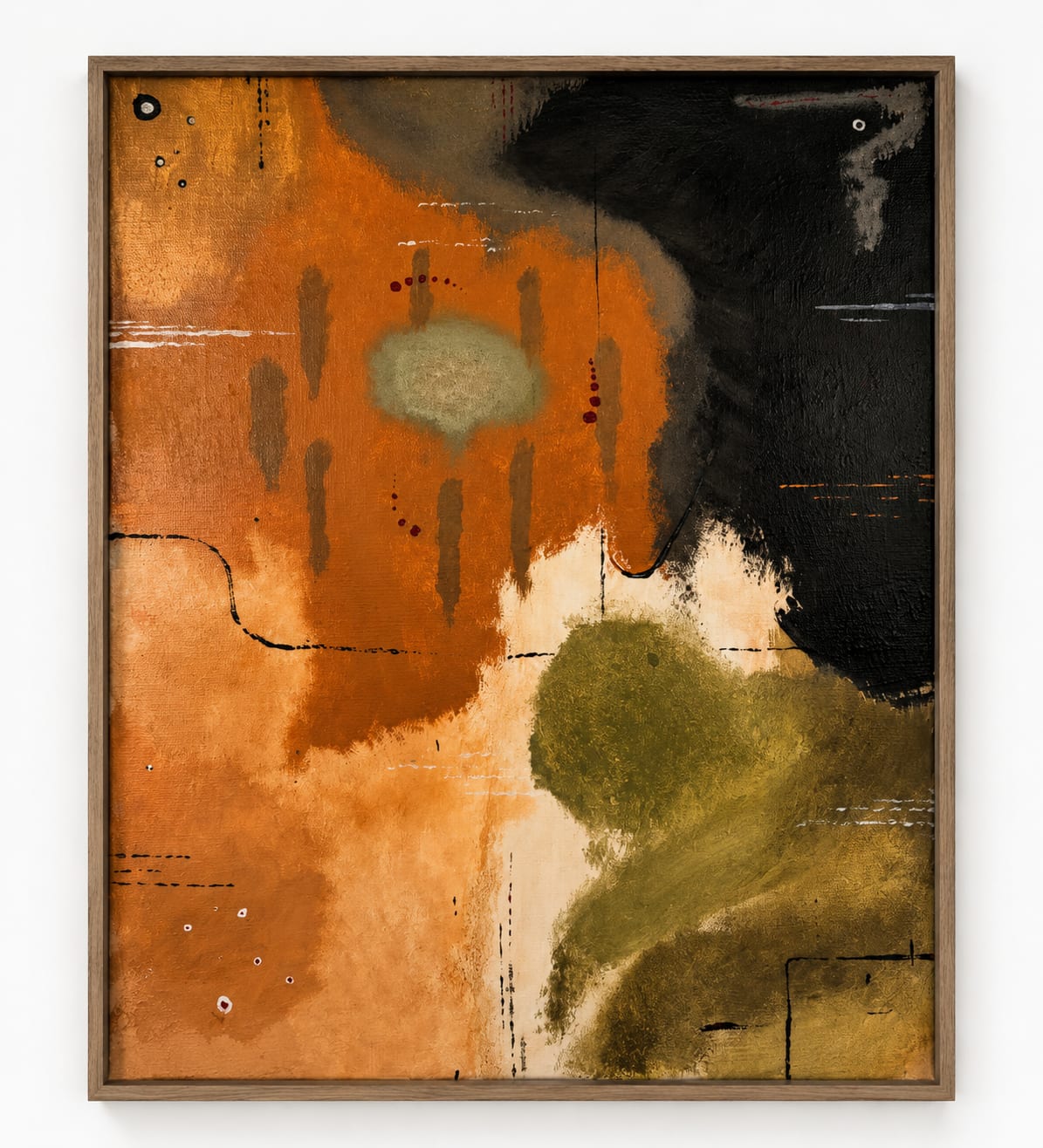 Abstract painting in burnt orange and terracotta, torn through by a mass of deep black, with a pale olive form settling at the lower right.