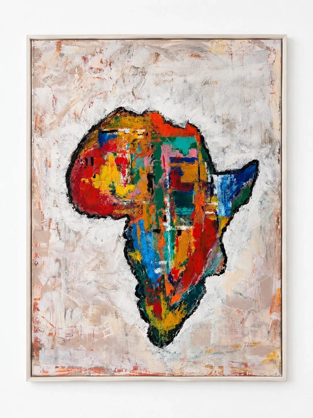 Abstract painting of the African continent outlined in thick black, filled with patches of red, yellow, orange, teal, green and blue, set on a pale, heavily textured ground of white and warm sand.