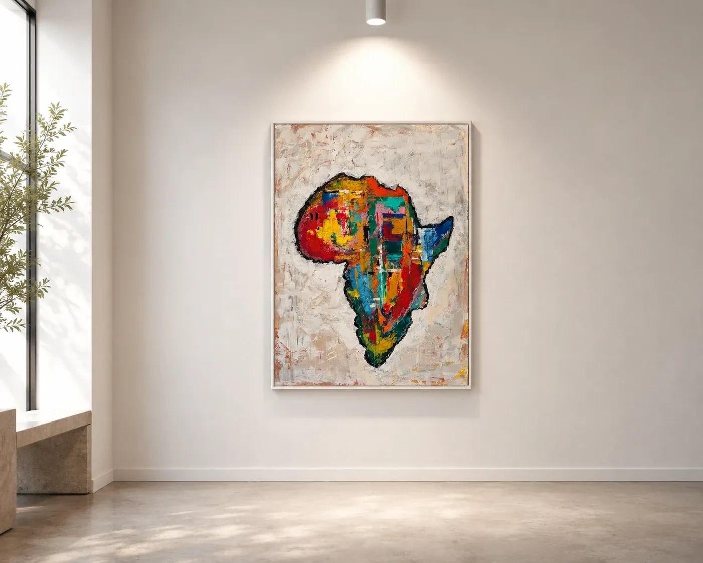 Uhuru in a pale float frame on a white gallery wall, a stone bench and an olive tree in the window light to the left.