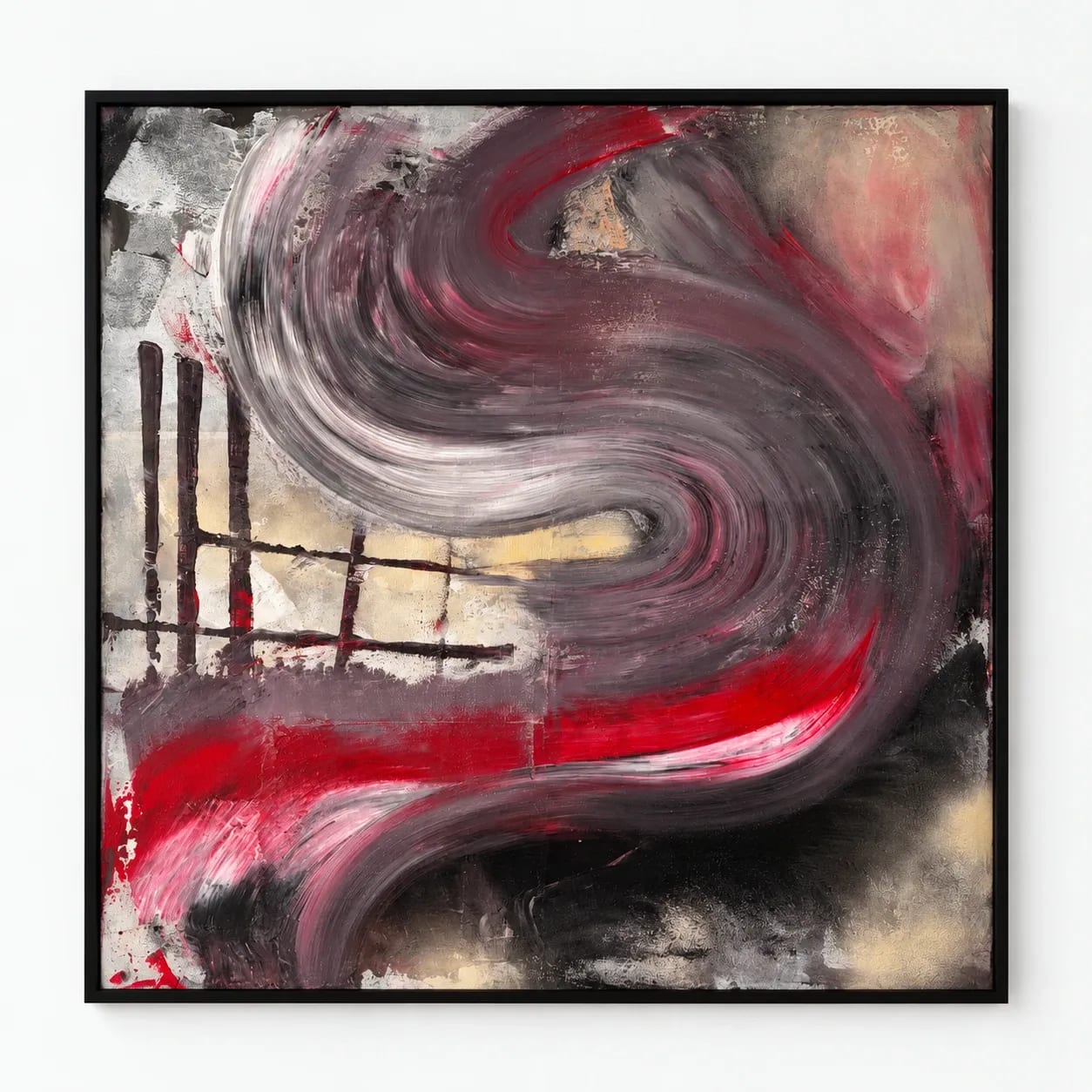 Square abstract painting in which a thick S-shaped stroke of smoky grey and mauve coils across the canvas, flashing vivid red along its underside, beside a dark grid of posts and rails on the left.
