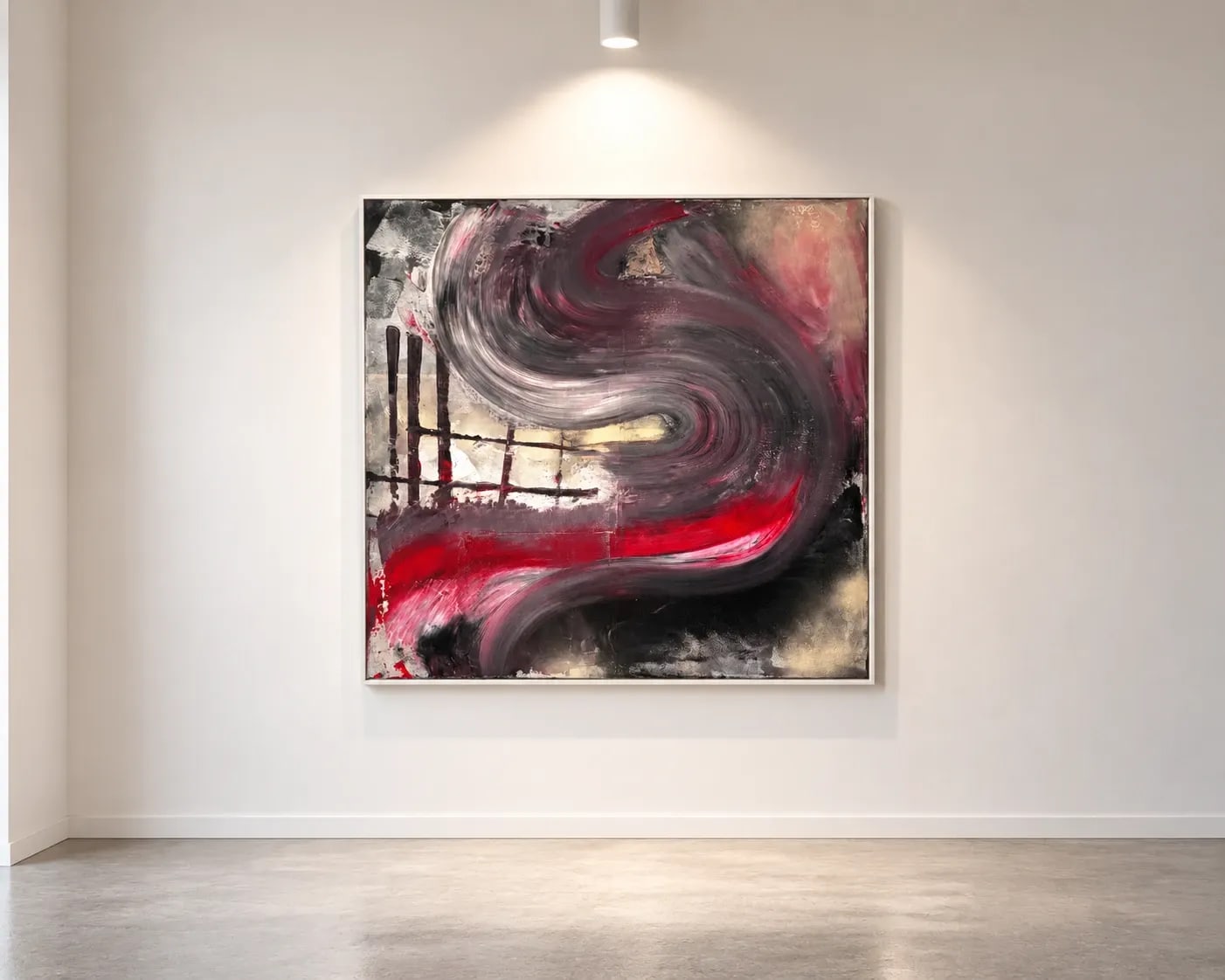 Viper on a warm white gallery wall, a single downlight above and an empty concrete floor below.