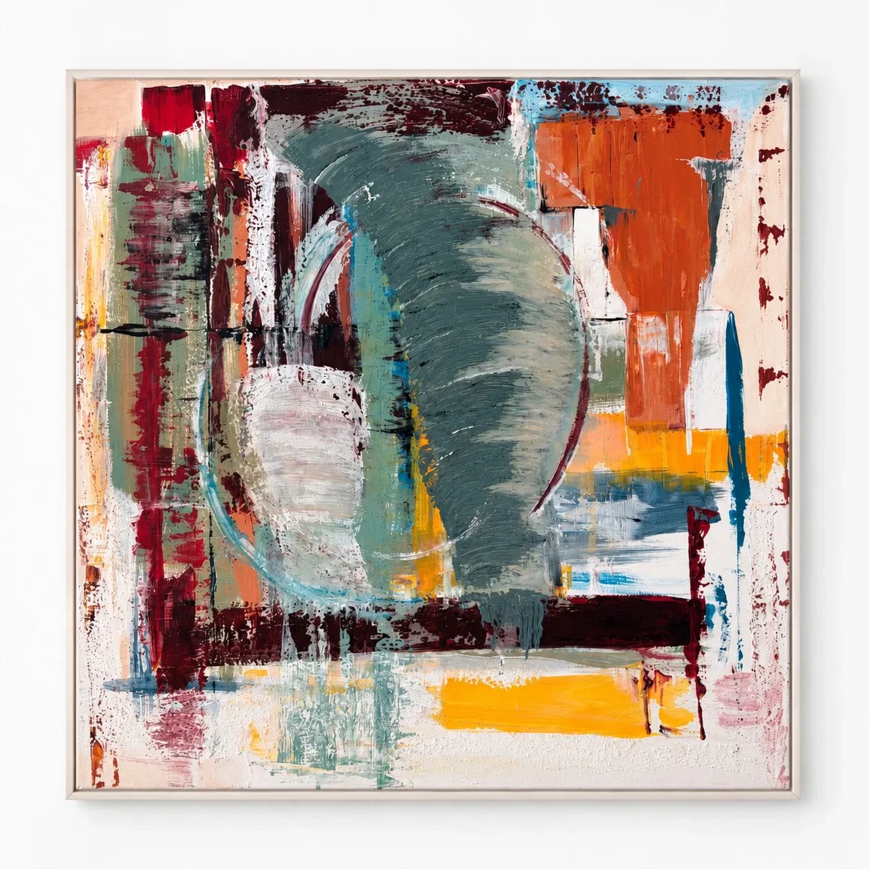 Square abstract painting with a slate green funnel spiralling down through the centre, framed by a pale ring, crimson and sage verticals on the left and a block of burnt orange at the upper right.
