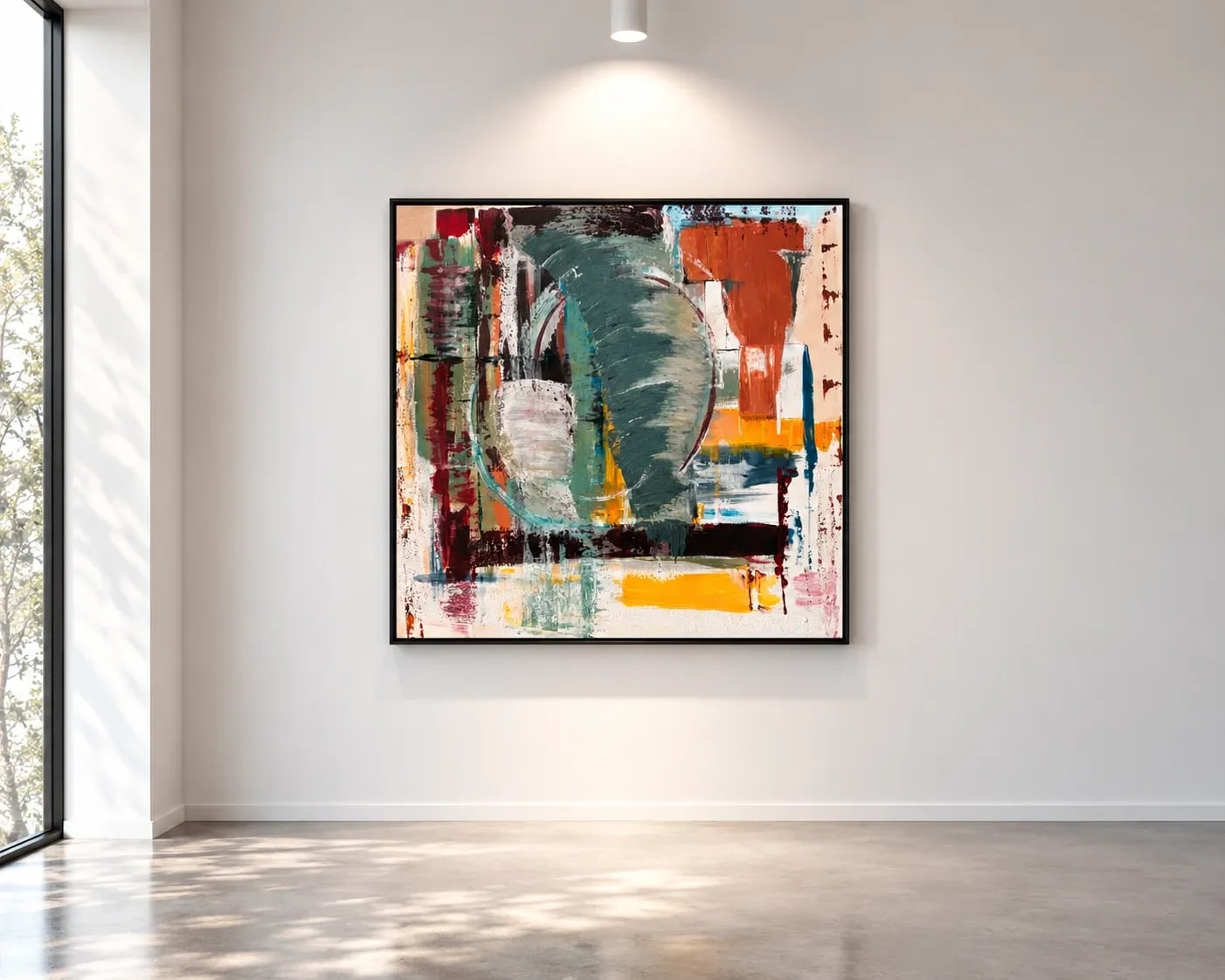 Vortex in a black float frame on a white gallery wall under a single downlight, a tall window and trees to the left.