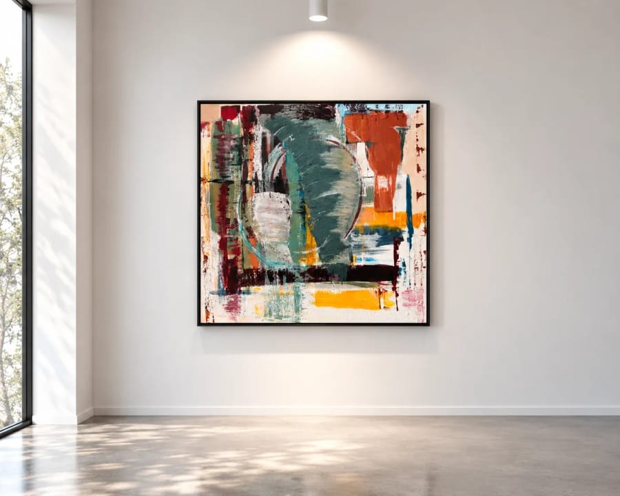 Vortex in a black float frame on a white gallery wall under a single downlight, a tall window and trees to the left.